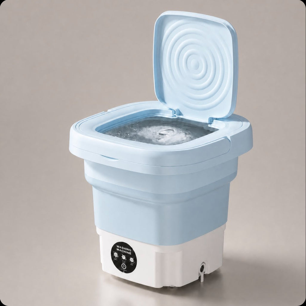 Order - اوردر blue compact folding washing machine with lid open, showing water and spinning mechanism. Ideal for small spaces.