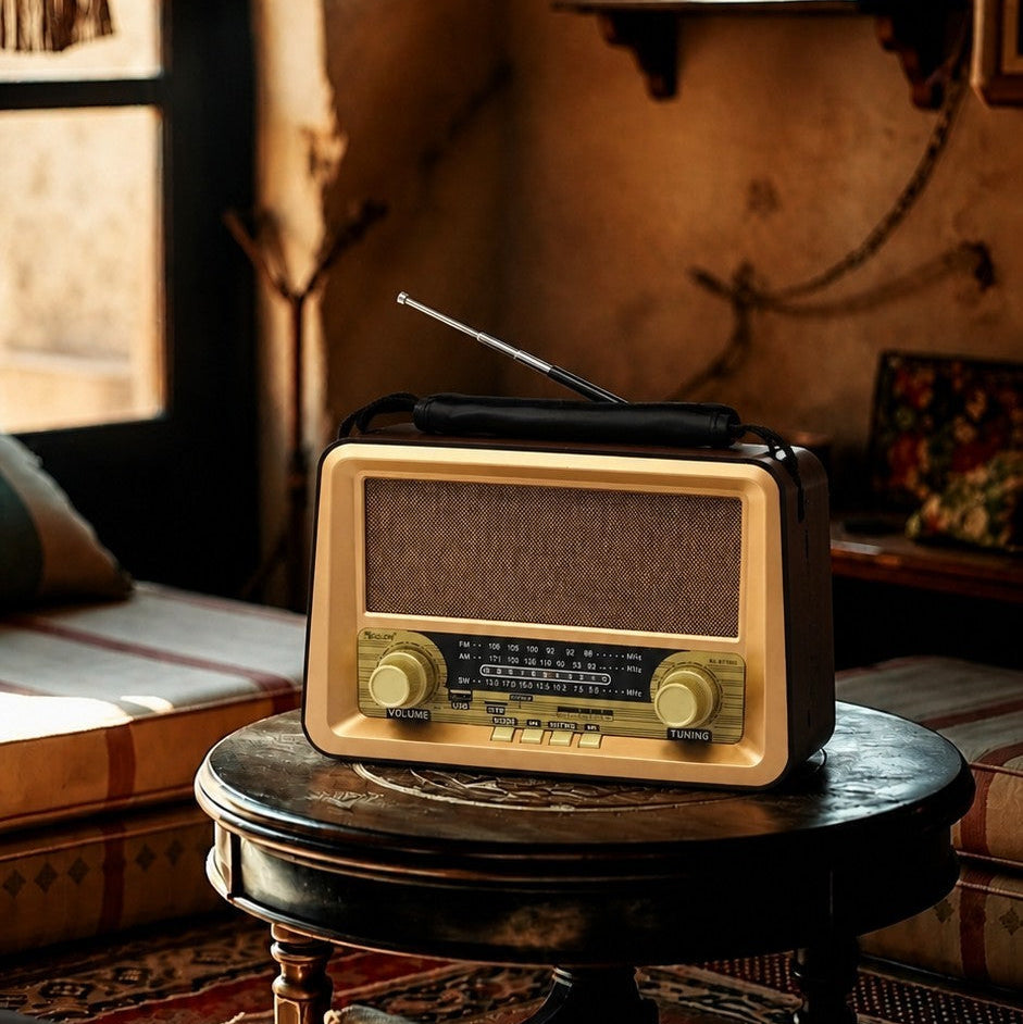 Order - اوردر retro portable radio in cream and brown with AM/FM tuning knobs and built-in speaker.